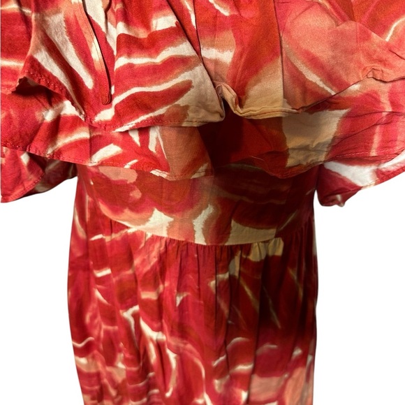 Zara Red Marble Maxi Dress Off Shoulder Tiered Ruffles Lightweight‎ Size M - Picture 4 of 7